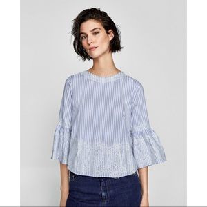 Zara Striped Boxy Bell Sleeve Scoop neck Blouse with Lace Overlay Back Bow Tie